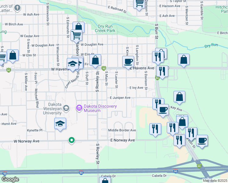 map of restaurants, bars, coffee shops, grocery stores, and more near 1116 South Main Street in Mitchell