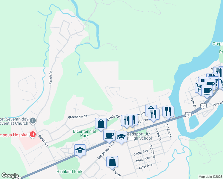 map of restaurants, bars, coffee shops, grocery stores, and more near 831 Masters Court in Reedsport