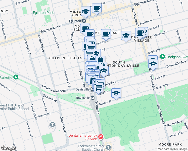 map of restaurants, bars, coffee shops, grocery stores, and more near 1954 Yonge Street in Toronto