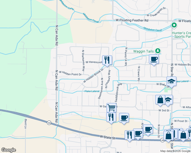 map of restaurants, bars, coffee shops, grocery stores, and more near 865 North Paddington Way in Star