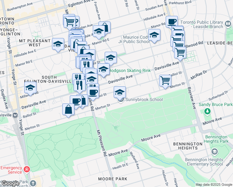 map of restaurants, bars, coffee shops, grocery stores, and more near 419 Balliol Street in Toronto