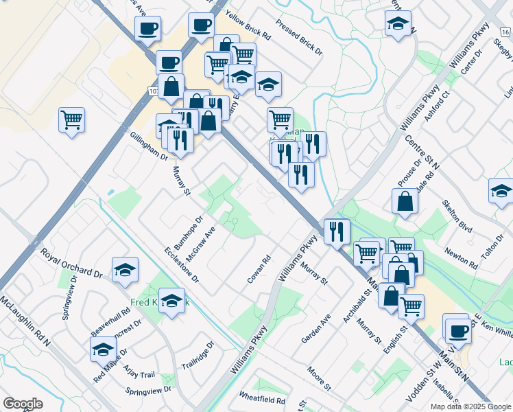 map of restaurants, bars, coffee shops, grocery stores, and more near 525 Main Street North in Brampton
