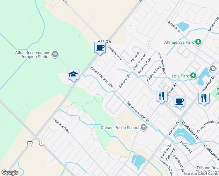 map of restaurants, bars, coffee shops, grocery stores, and more near 4 Zenida Road in Brampton