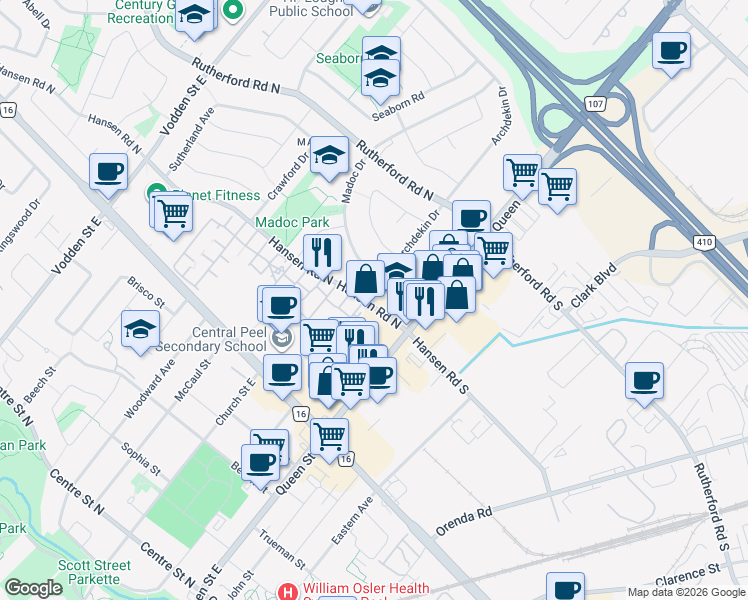 map of restaurants, bars, coffee shops, grocery stores, and more near 1 Archdekin Drive in Brampton