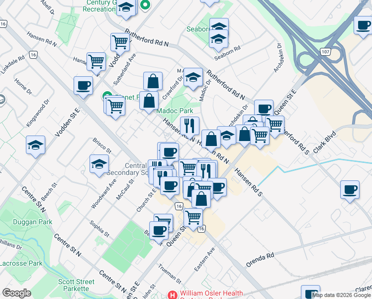 map of restaurants, bars, coffee shops, grocery stores, and more near 83 Fisher Terrace in Brampton