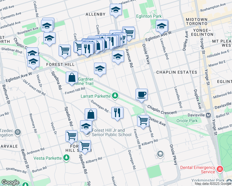 map of restaurants, bars, coffee shops, grocery stores, and more near 205 Chaplin Crescent in Toronto
