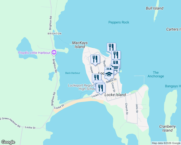 map of restaurants, bars, coffee shops, grocery stores, and more near 41 Howe Street in Lockeport