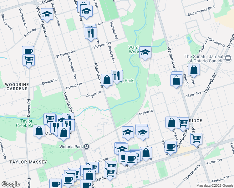 map of restaurants, bars, coffee shops, grocery stores, and more near 273 Pharmacy Avenue in Toronto