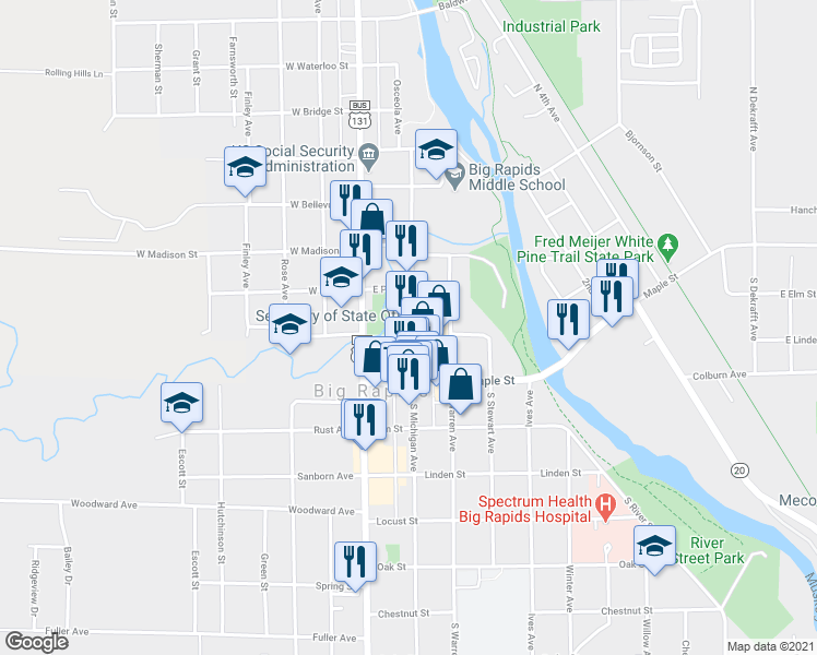 map of restaurants, bars, coffee shops, grocery stores, and more near 187 North Michigan Avenue in Big Rapids