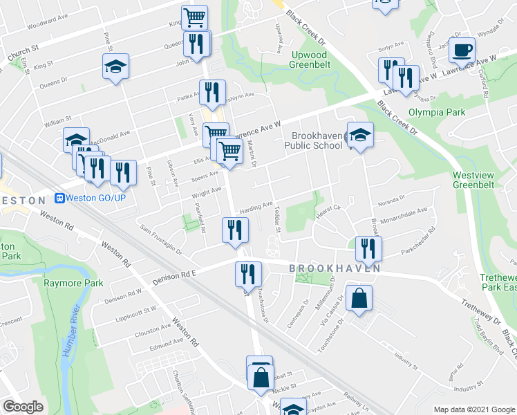 map of restaurants, bars, coffee shops, grocery stores, and more near 25 Harding Avenue in Toronto