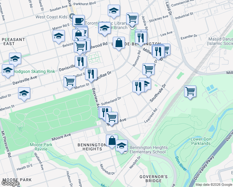 map of restaurants, bars, coffee shops, grocery stores, and more near 64 Bessborough Drive in Toronto
