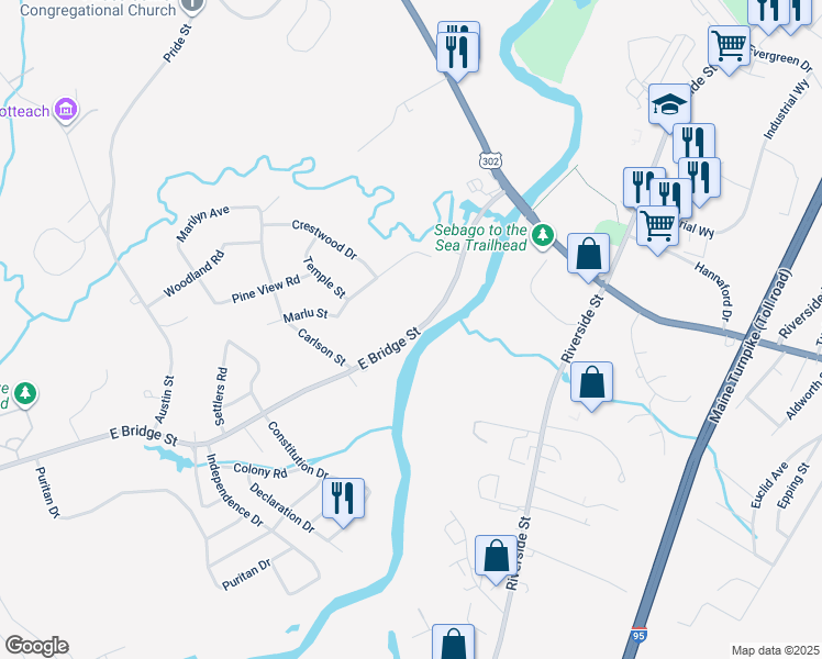 map of restaurants, bars, coffee shops, grocery stores, and more near 664A East Bridge Street in Westbrook
