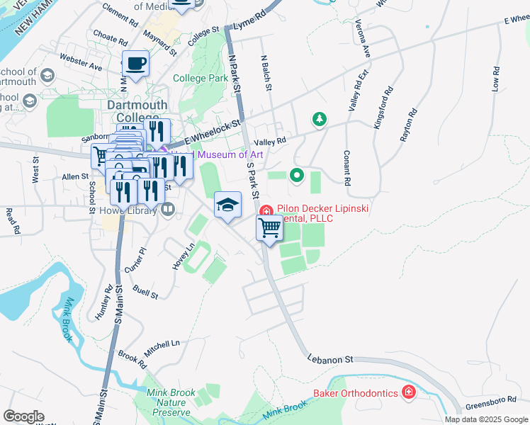 map of restaurants, bars, coffee shops, grocery stores, and more near 35 South Park Street in Hanover