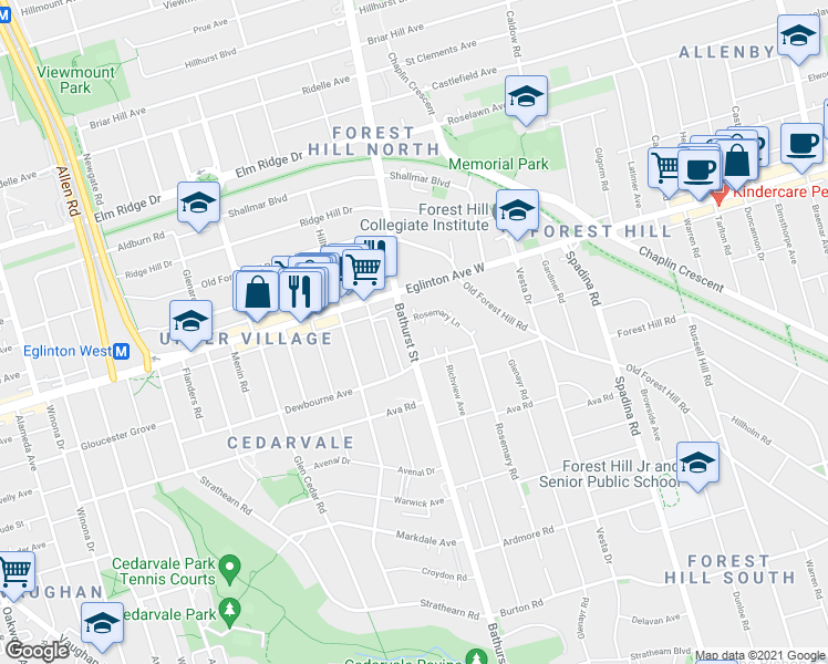 map of restaurants, bars, coffee shops, grocery stores, and more near 2012 Bathurst Street in Toronto