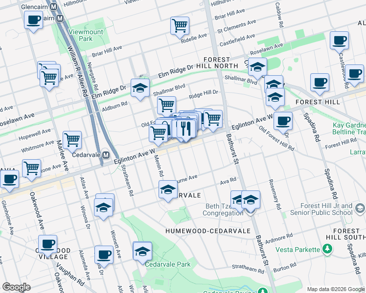 map of restaurants, bars, coffee shops, grocery stores, and more near in Toronto