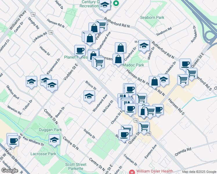 map of restaurants, bars, coffee shops, grocery stores, and more near 106 Woodward Avenue in Brampton