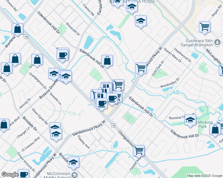 map of restaurants, bars, coffee shops, grocery stores, and more near 24 Irene Crescent in Brampton