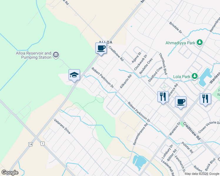 map of restaurants, bars, coffee shops, grocery stores, and more near 18 Zenida Road in Brampton