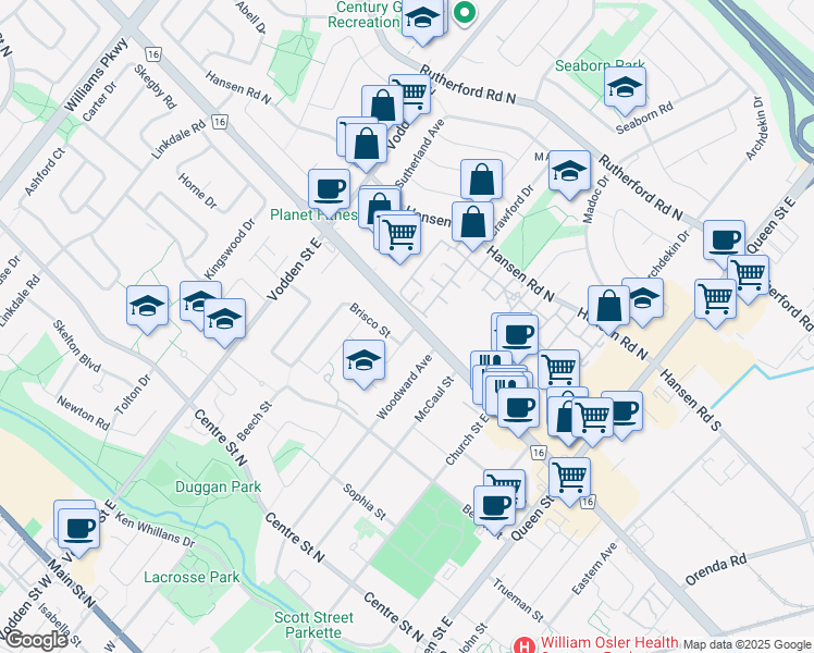 map of restaurants, bars, coffee shops, grocery stores, and more near 85 Kennedy Road North in Brampton