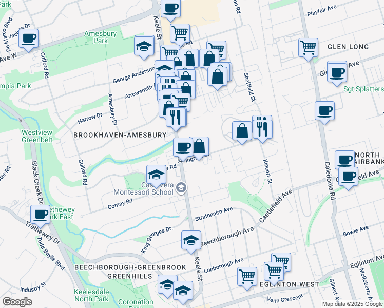 map of restaurants, bars, coffee shops, grocery stores, and more near 18 Ingram Drive in Toronto