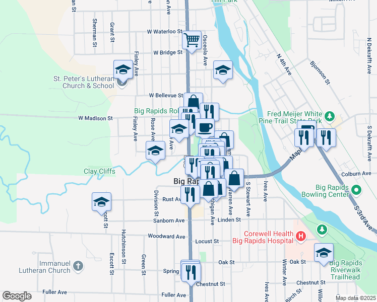 map of restaurants, bars, coffee shops, grocery stores, and more near 215 North State Street in Big Rapids