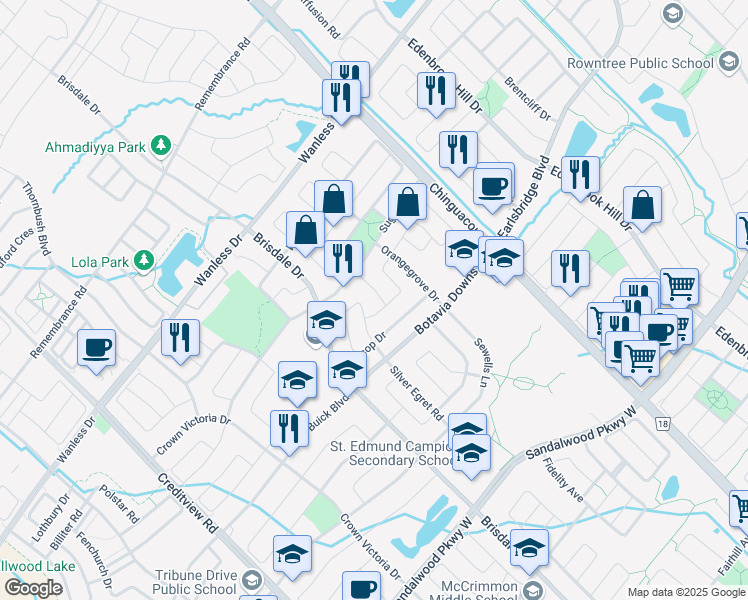 map of restaurants, bars, coffee shops, grocery stores, and more near 18 Mortimer Drive in Brampton