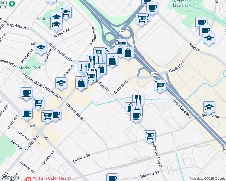 map of restaurants, bars, coffee shops, grocery stores, and more near 32 Rutherford Road South in Brampton