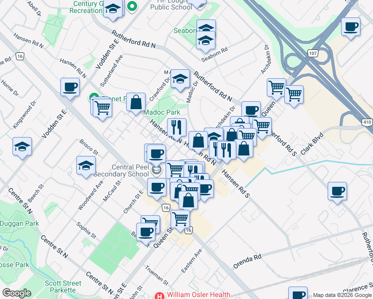 map of restaurants, bars, coffee shops, grocery stores, and more near 45 Hansen Road North in Brampton