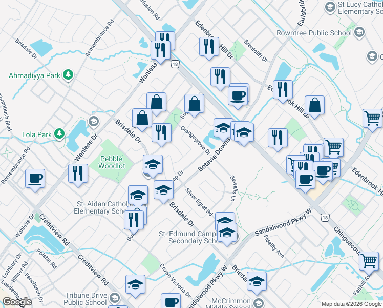 map of restaurants, bars, coffee shops, grocery stores, and more near 31 Keats Terrace in Brampton
