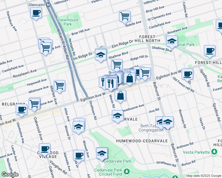 map of restaurants, bars, coffee shops, grocery stores, and more near in Toronto