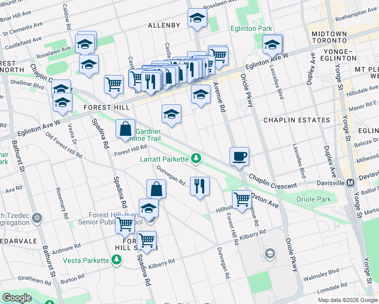 map of restaurants, bars, coffee shops, grocery stores, and more near 209 Chaplin Crescent in Toronto