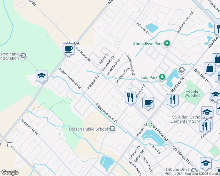 map of restaurants, bars, coffee shops, grocery stores, and more near in Brampton