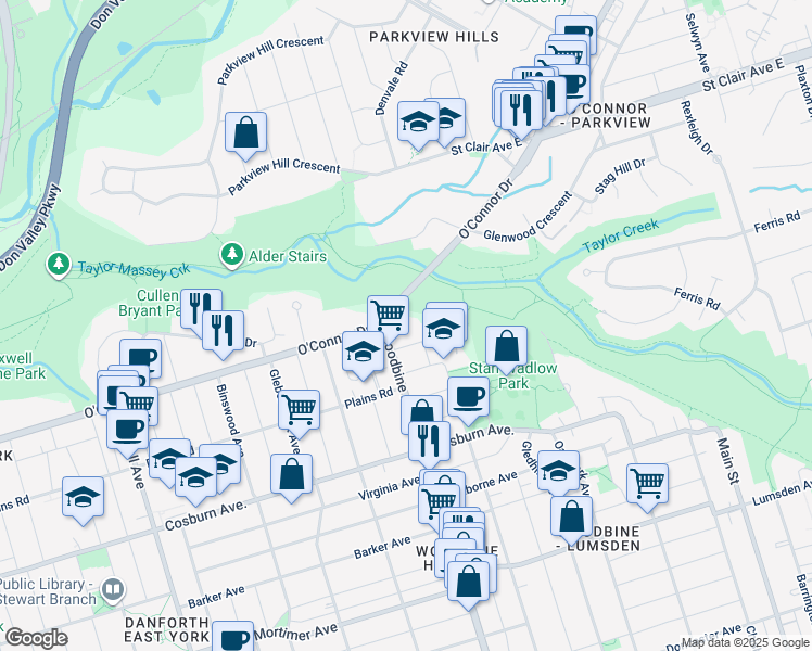 map of restaurants, bars, coffee shops, grocery stores, and more near 1501 Woodbine Avenue in Toronto