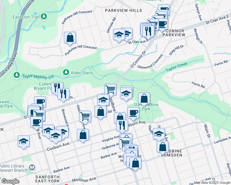 map of restaurants, bars, coffee shops, grocery stores, and more near 1501 Woodbine Avenue in Toronto
