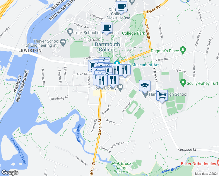 map of restaurants, bars, coffee shops, grocery stores, and more near 5A Currier Place in Hanover