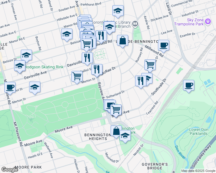 map of restaurants, bars, coffee shops, grocery stores, and more near in Toronto