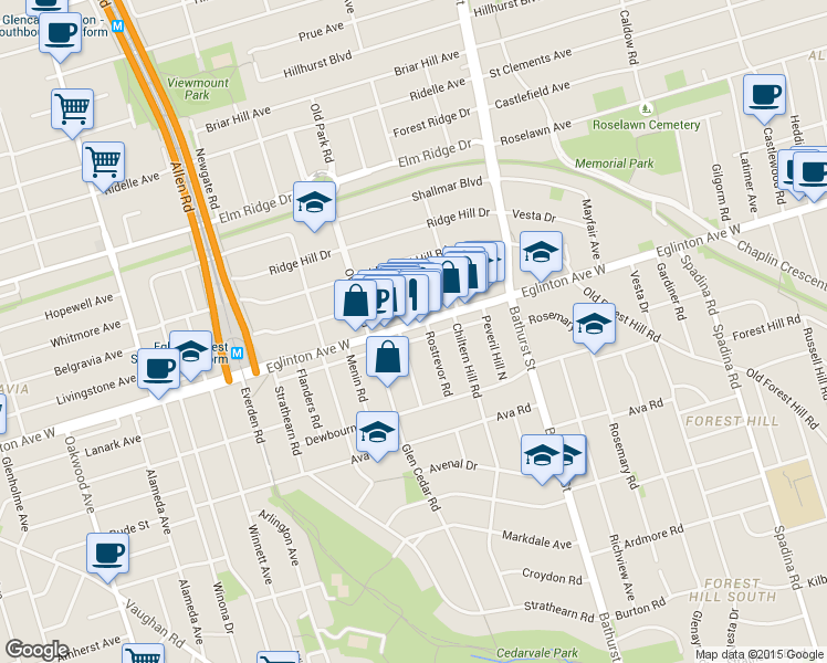 map of restaurants, bars, coffee shops, grocery stores, and more near in Toronto
