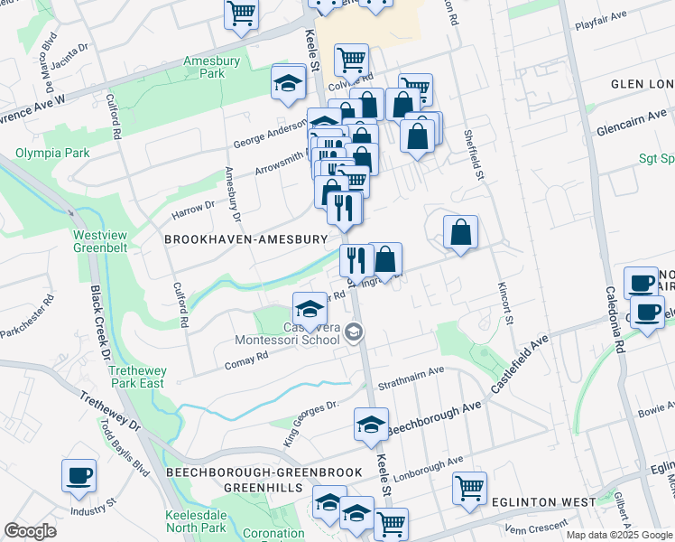 map of restaurants, bars, coffee shops, grocery stores, and more near in Toronto