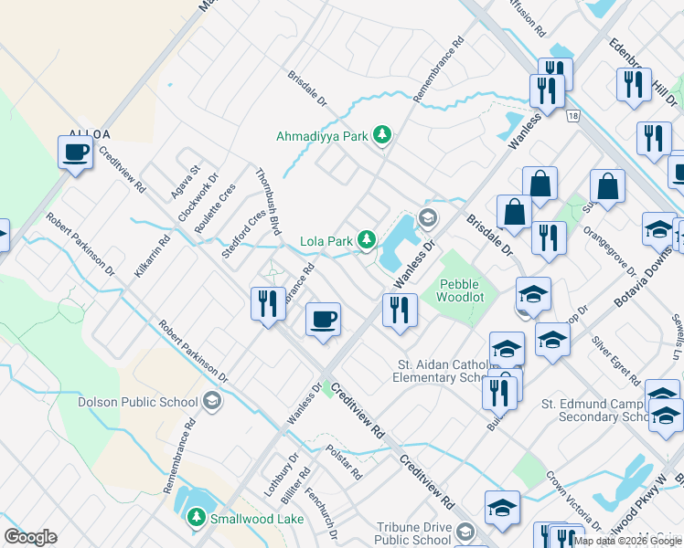 map of restaurants, bars, coffee shops, grocery stores, and more near 90 Lola Crescent in Brampton
