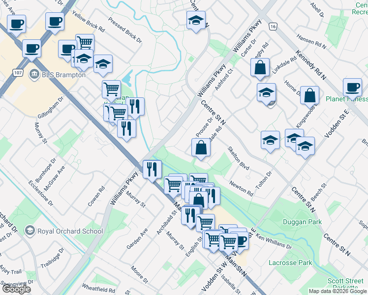 map of restaurants, bars, coffee shops, grocery stores, and more near 68 Prouse Drive in Brampton