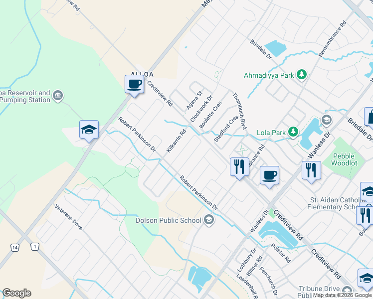 map of restaurants, bars, coffee shops, grocery stores, and more near 69 Enford Crescent in Brampton