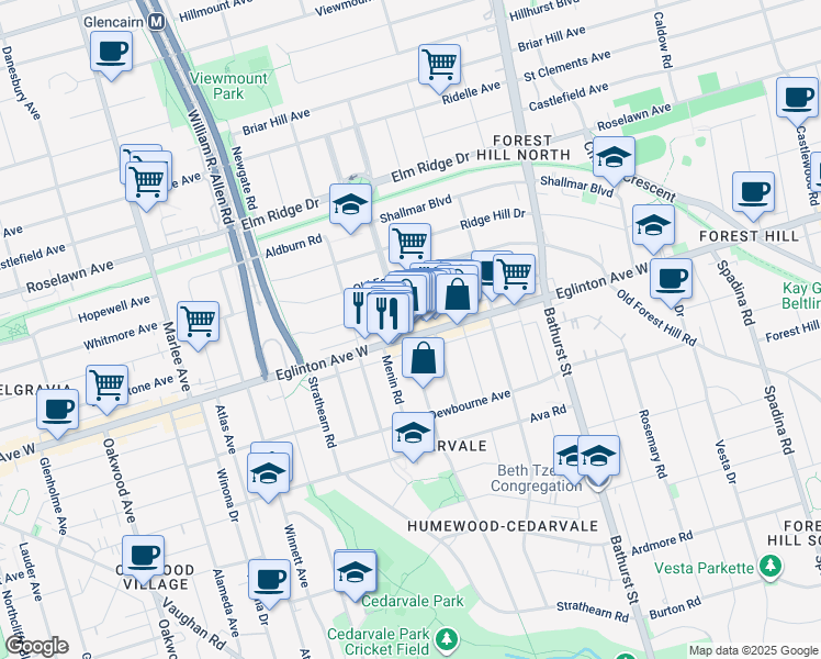 map of restaurants, bars, coffee shops, grocery stores, and more near 1040 Eglinton Avenue West in Toronto