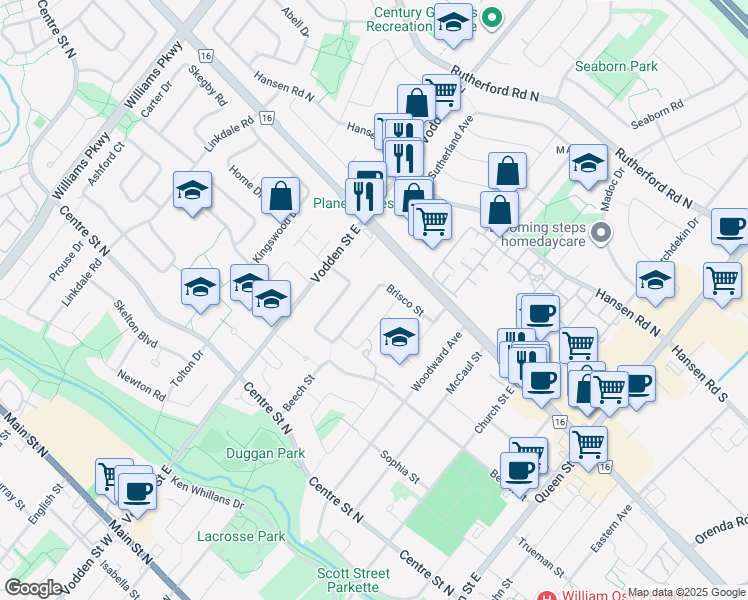 map of restaurants, bars, coffee shops, grocery stores, and more near 37 Brisco Street in Brampton