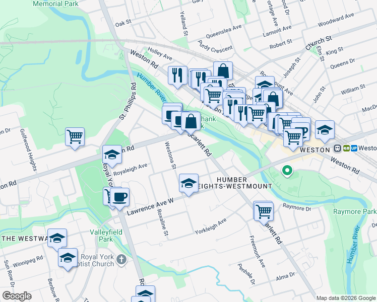 map of restaurants, bars, coffee shops, grocery stores, and more near 11 Braeburn Avenue in Toronto