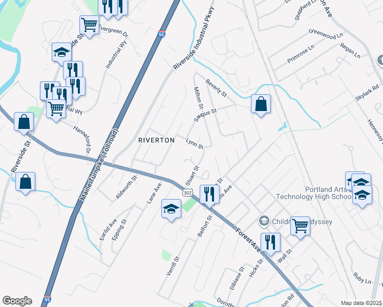 map of restaurants, bars, coffee shops, grocery stores, and more near 66 Stuart Street in Portland