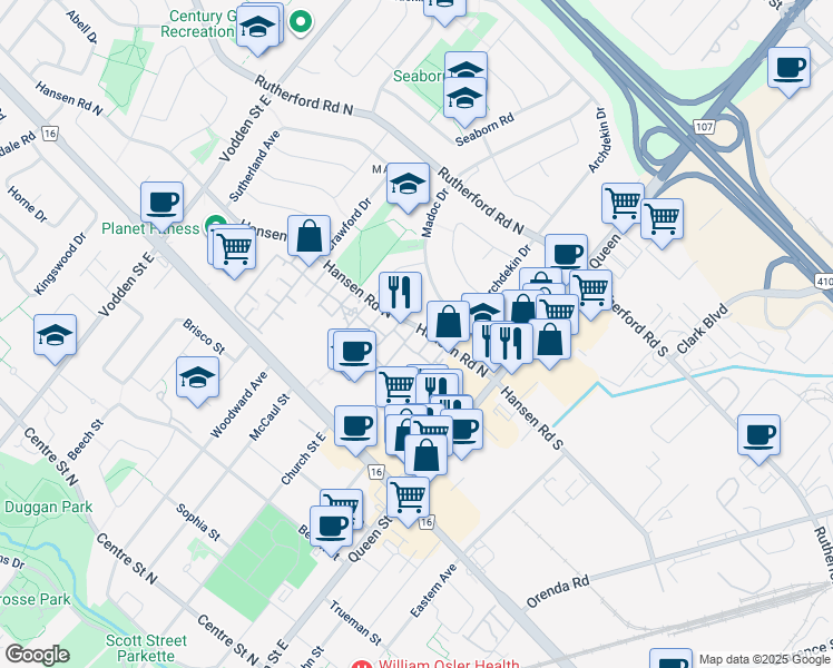 map of restaurants, bars, coffee shops, grocery stores, and more near 45 Hansen Road North in Brampton