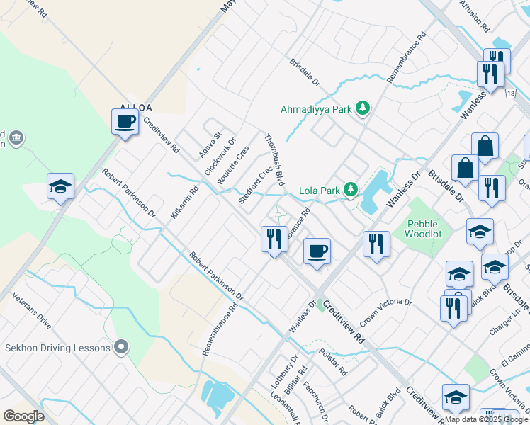 map of restaurants, bars, coffee shops, grocery stores, and more near 32 Volner Road in Brampton