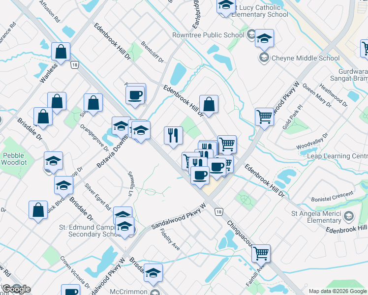 map of restaurants, bars, coffee shops, grocery stores, and more near 78 Pauline Crescent in Brampton