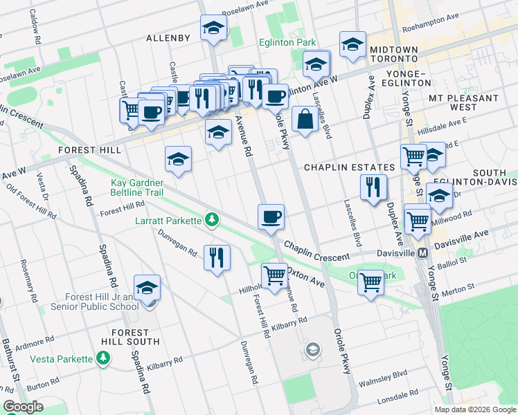 map of restaurants, bars, coffee shops, grocery stores, and more near 896 Avenue Road in Toronto