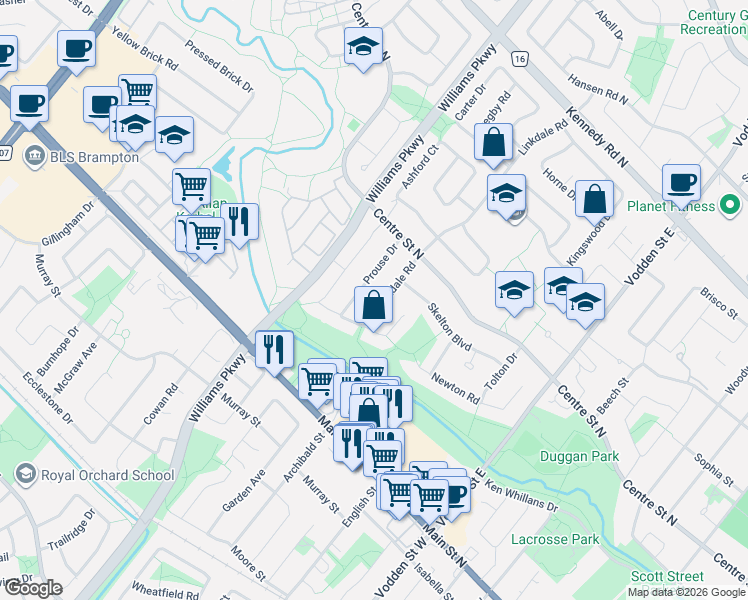 map of restaurants, bars, coffee shops, grocery stores, and more near 114 Linkdale Road in Brampton